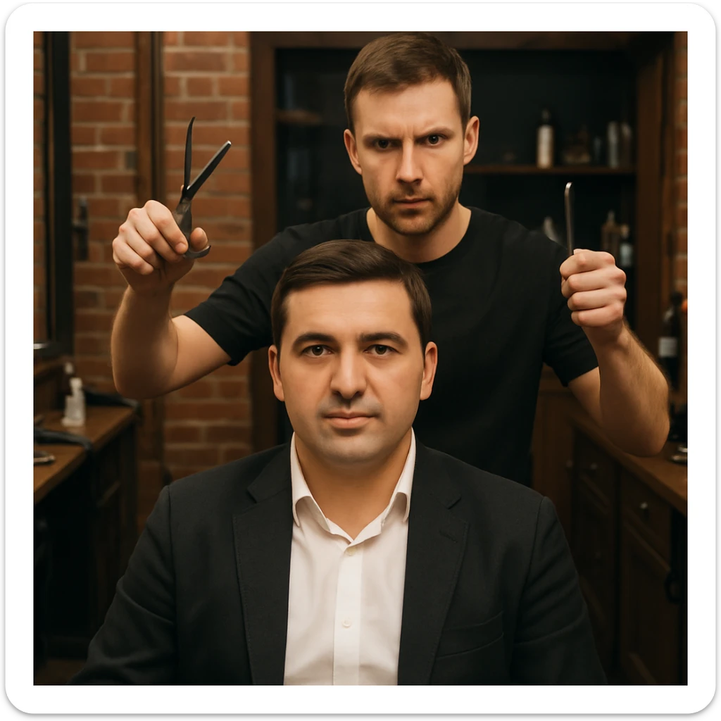 manashu akani yuzlaridan foydalanib sartarosh chizib bergin u soch olishga tayyor turganini chizib ber old rakursda bulsin mijoz tugriga qarab utirganini va sartarosh uni orqasida turib bitta ulida qaychi, ikkta quli bilan tayyorgarlik kurib turganini chizib ber xuddi 1,2,3 boshladik degandey birdaniga ishga kirishib ketadigan dek tayyor bulib tursin sticker