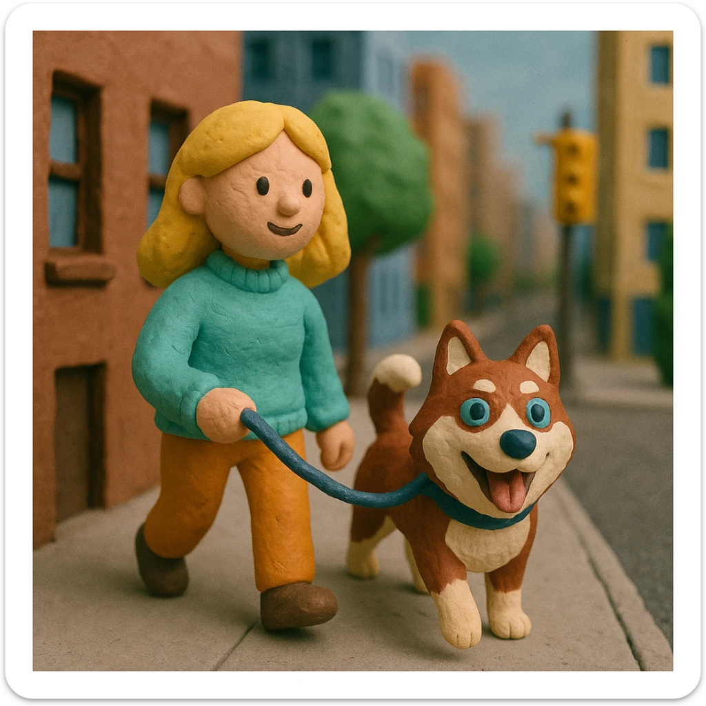 Cute Blonde woman wearing a sweater walking a happy red-brown blue-eyed Siberian husky in New York City on an upper east side city sidewalk  sticker