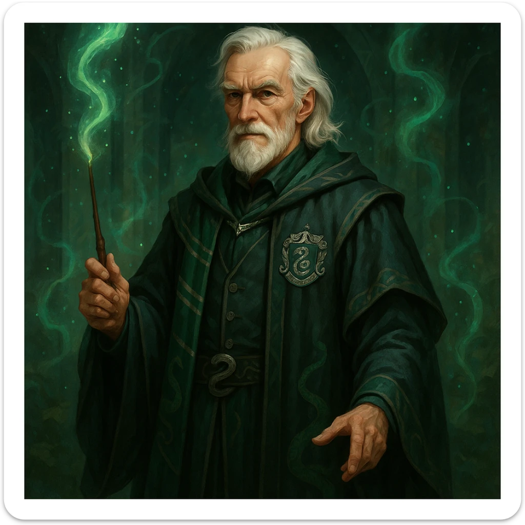 an elderly wizard with silver hair and Slytherin robes, inspired by Draco Malfoy, fantasy illustration sticker