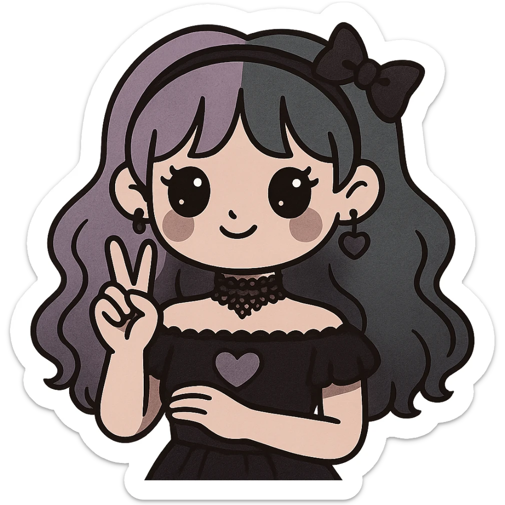 Edit the image of a gothic K-pop girl with pastel hair and a lace choker in a darker color palette. The style should be dreamy goth with a playful pose and kawaii accessories. Remove the background. The style should reflect pastel goth with gothic and kawaii elements. sticker