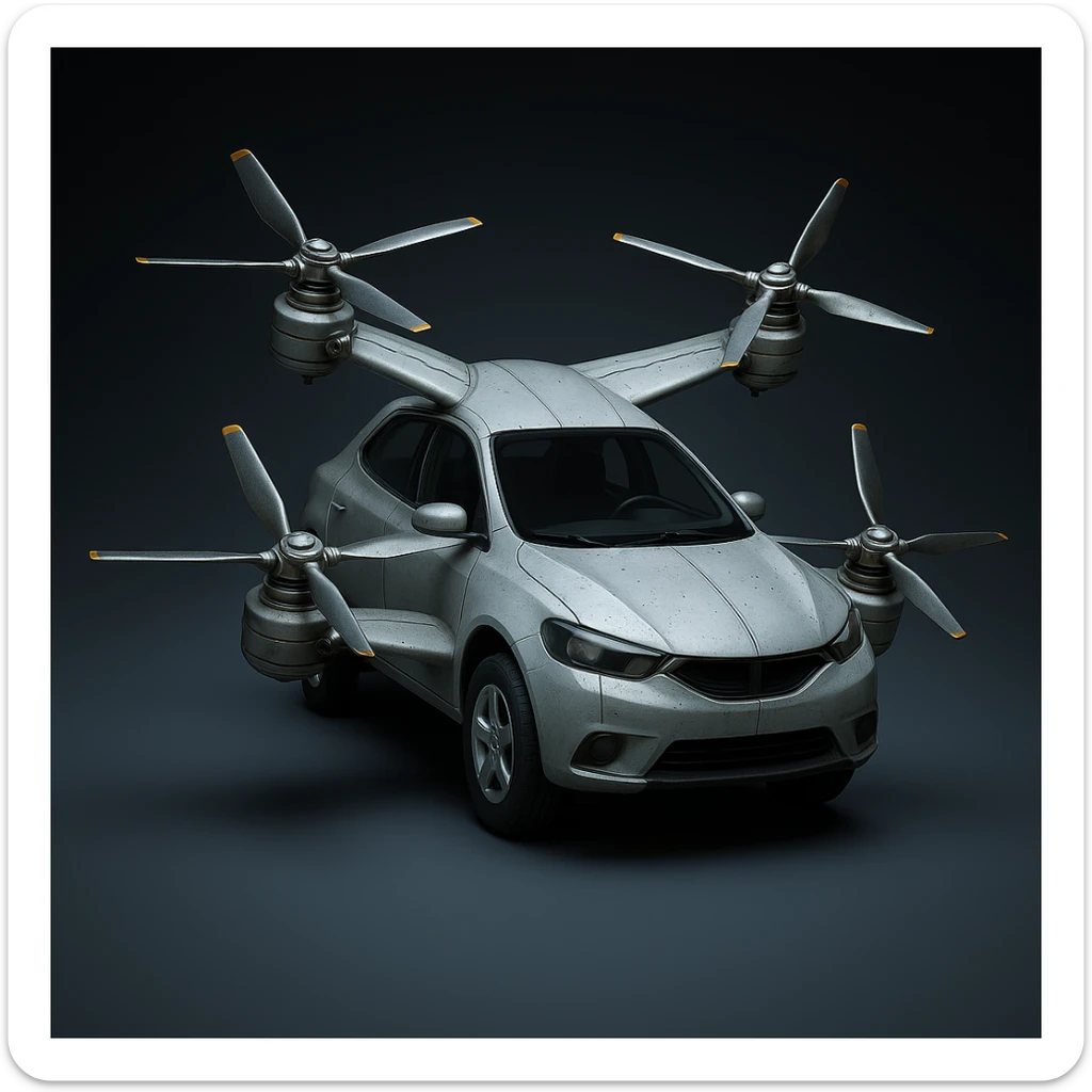 Modify this realistic flying car by moving two of the wings to the top of the car, keeping two wings on the sides, adding wheels to the car, and keeping propellers on all wings. Maintain the metallic finish and photorealistic style. sticker