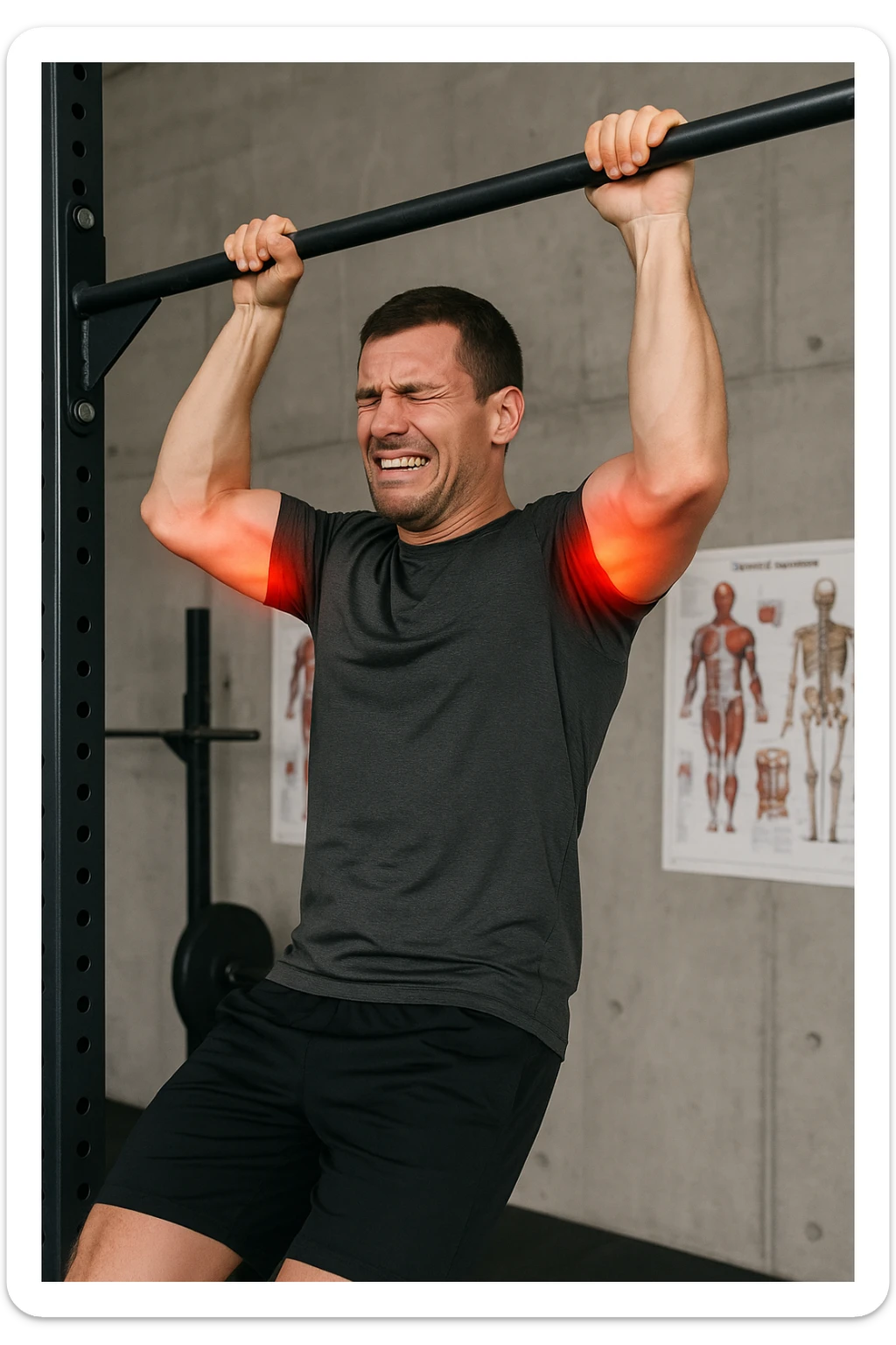 a man in athletic wear esegue una trazione alla sbarra in palestra. I suoi gomiti sono evidenziati con un alone rosso acceso o un effetto glow, indicando infiammazione. Un’espressione di dolore è visibile sul suo volto. Sullo sfondo, attrezzi da palestra e poster anatomici. L’atmosfera è educativa e realistica. sticker