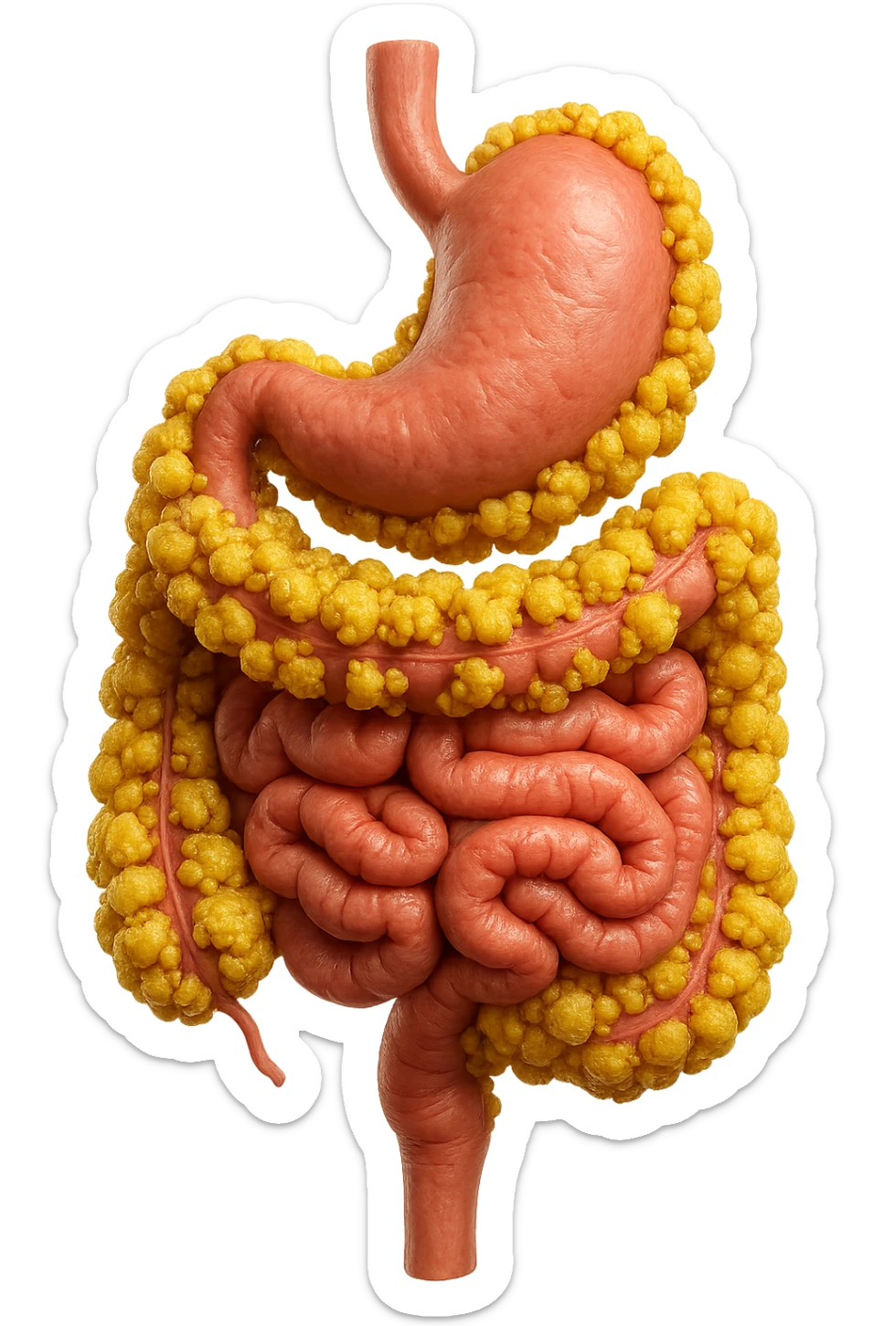STOMACO E INTESTINO SONO VERTICALMENTE COLLEGATI E INTORNO A QUESTI ORGANI CI SONO CELLULE DI GRASSO GIALLE ATTACCATE SOPRA A GRAPPOLI, IPERREALISTICO 4K sticker