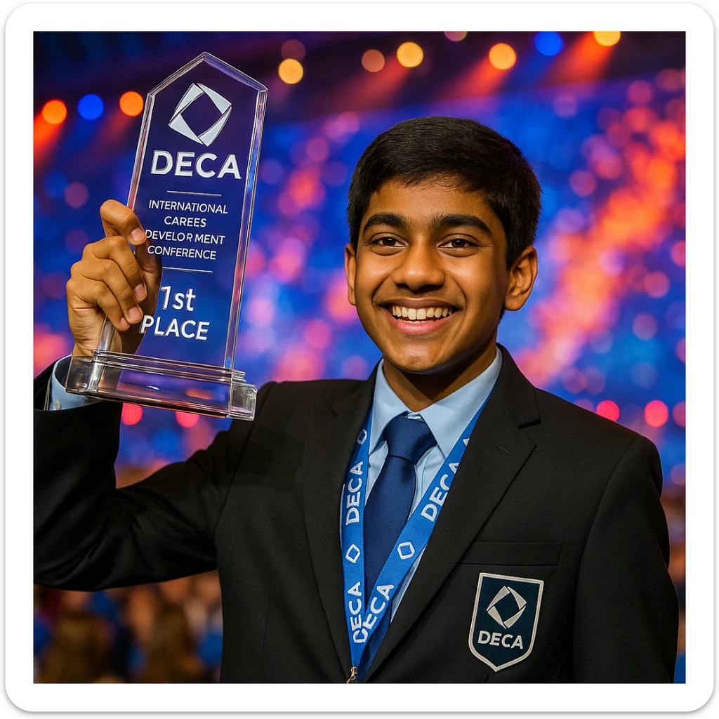 An Indian 14-year-old boy celebrating his victory at the DECA International Career Development Conference, holding up a detailed, realistic DECA glass trophy with accurate shape and etching. The boy is smiling proudly, wearing a suit and DECA lanyard. The scene is vibrant and energetic, capturing the excitement of winning first place. sticker
