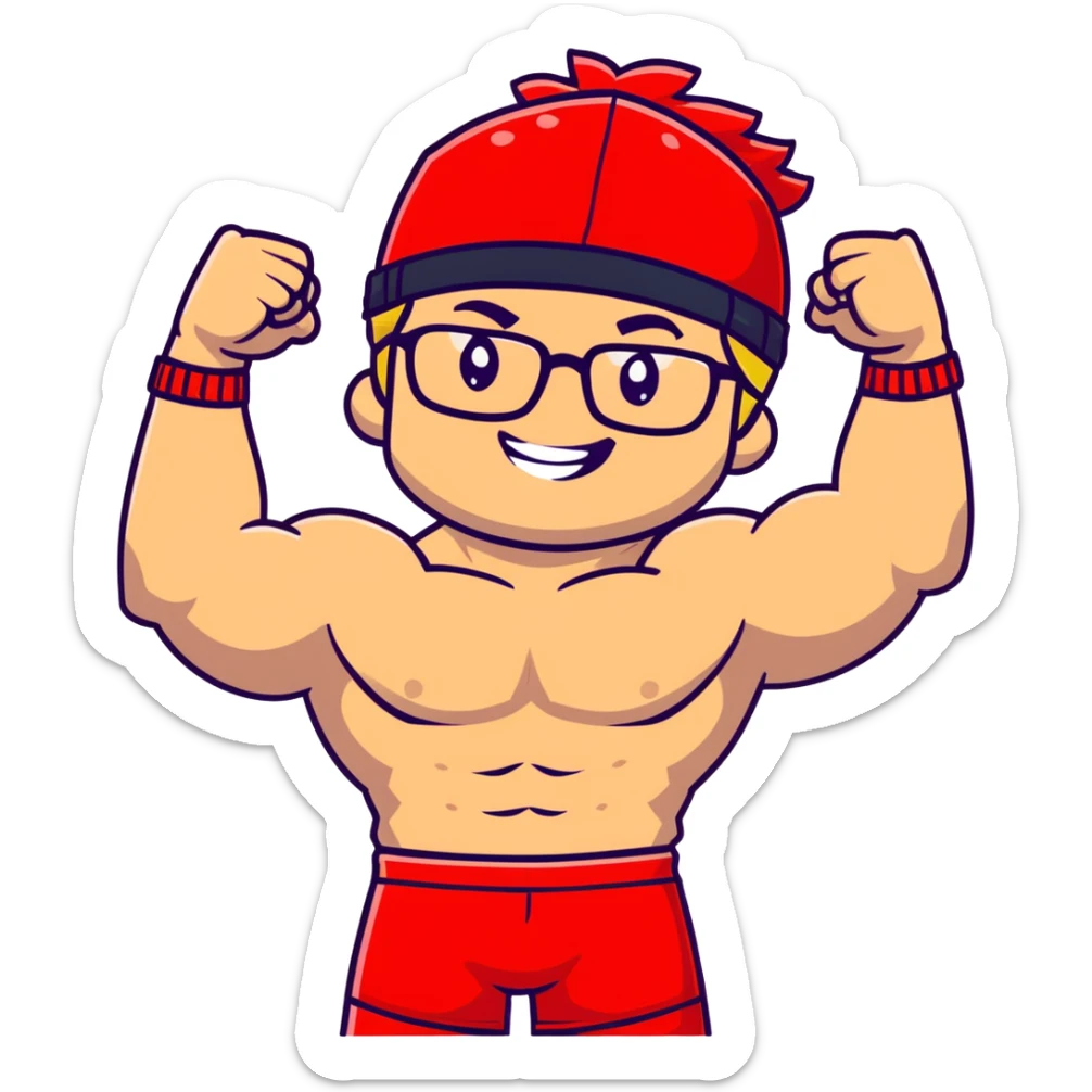 Man with black and white cap, shirtless muscular body, red shorts, clear glasses, messy light blond mullet hairstyle, flexing muscles and smiling sticker