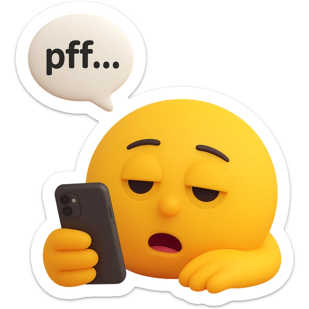 Add a phone in the hand of the bored, exhausted emoji lying down, heavy eyelids, mouth slightly open, with a thought bubble containing 'pfff…', representing 'la flemme'. Preserve the transparent background. sticker