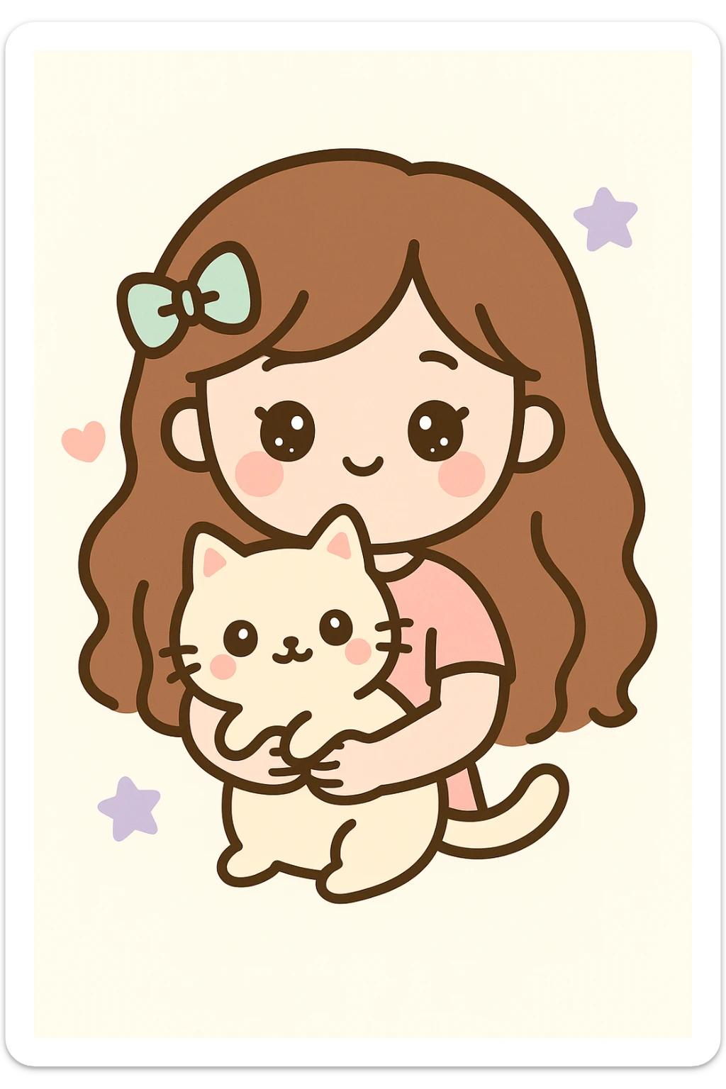 a girl with long wavy brown hair and brown eyes holding a cat, friendly and appealing style sticker