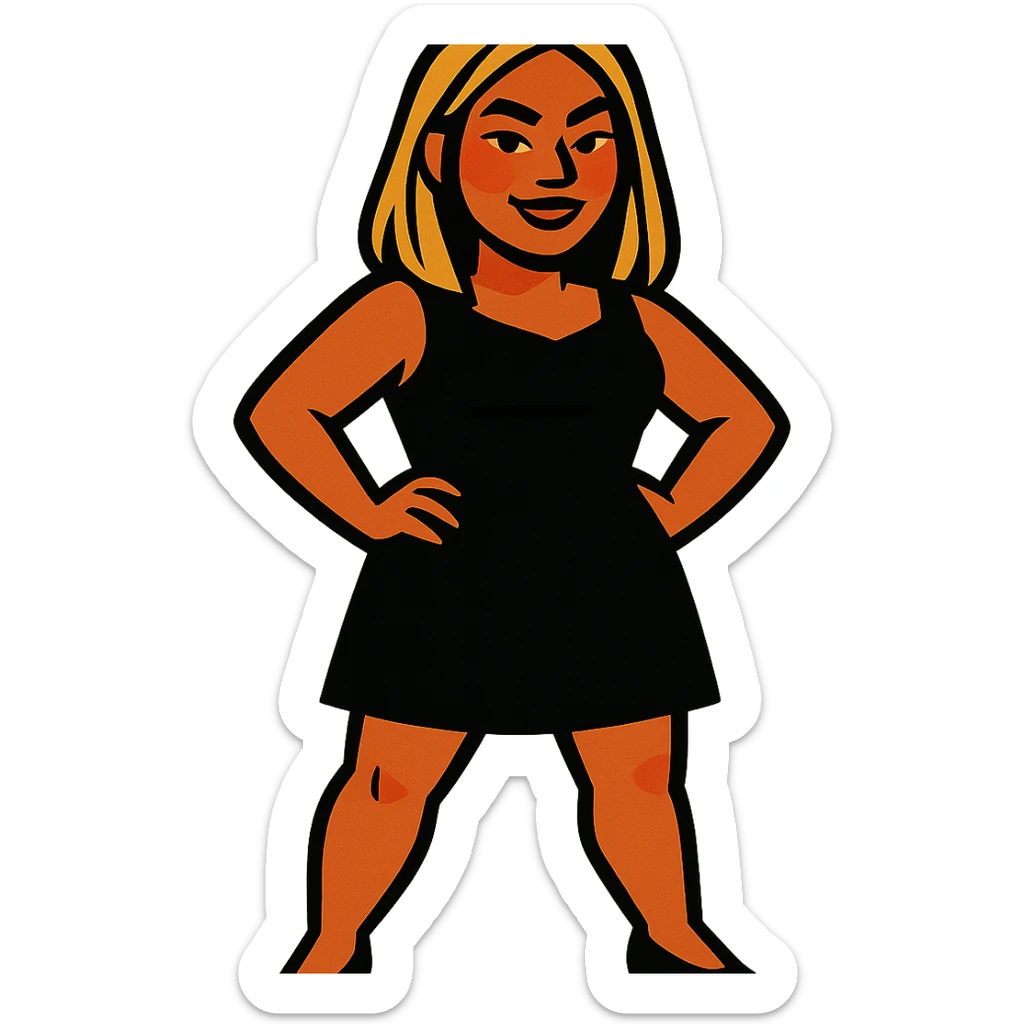 Asian woman, tanned skin, mid-long blonde hair, black dress, confident stance, vibrant toon style sticker