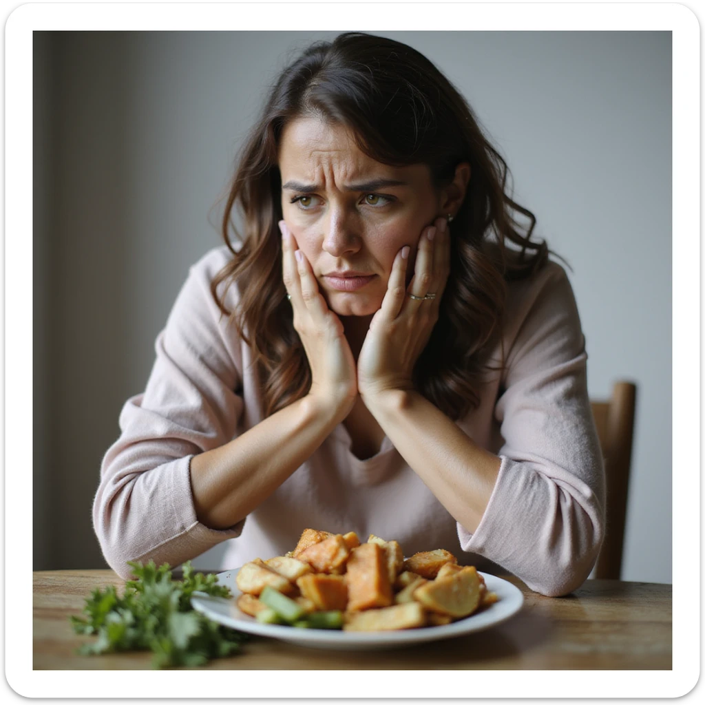 adult woman, photorealistic, diet not working, unable to lose weight, desperate and sad expression, sitting at table with healthy food but dissatisfied, natural light, kitchen background sticker