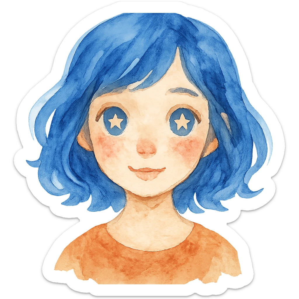 watercolor style girl with blue hair and stars in her eyes sticker