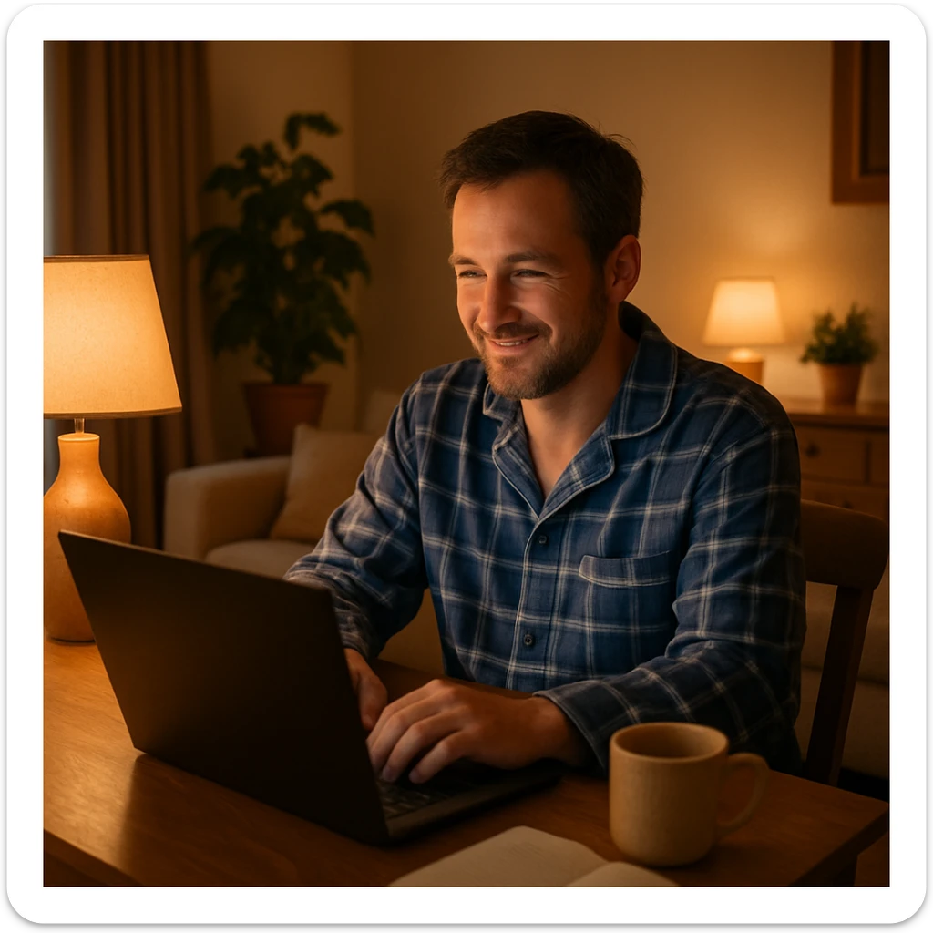man in pajamas sitting at a desk with a laptop, cozy atmosphere, warm and inviting home environment sticker