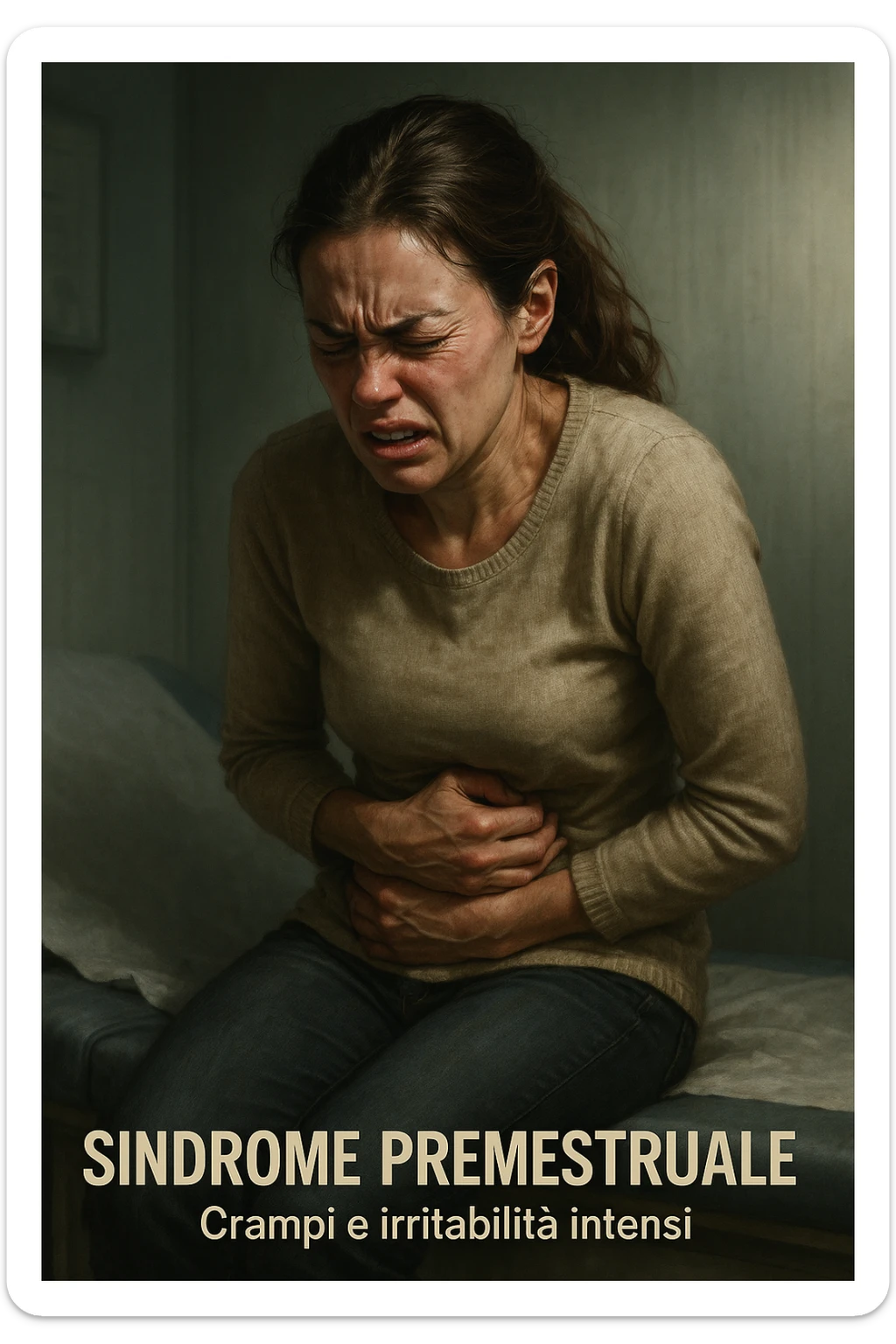realistic and cinematic illustration of a woman suffering from severe cramps and irritability due to premenstrual syndrome, painful expression, contracted posture, clinical atmosphere, dramatic lighting, realistic details, Italian captions, vertical 2:3 format sticker