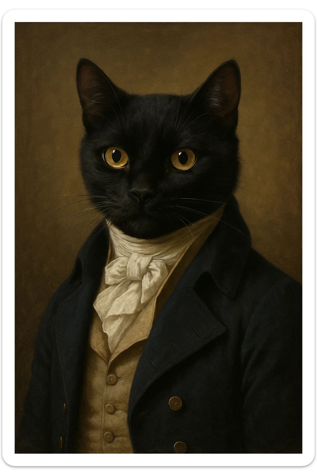 black cat dressed as a gentleman from Pride and Prejudice, with a cravat and tailcoat sticker