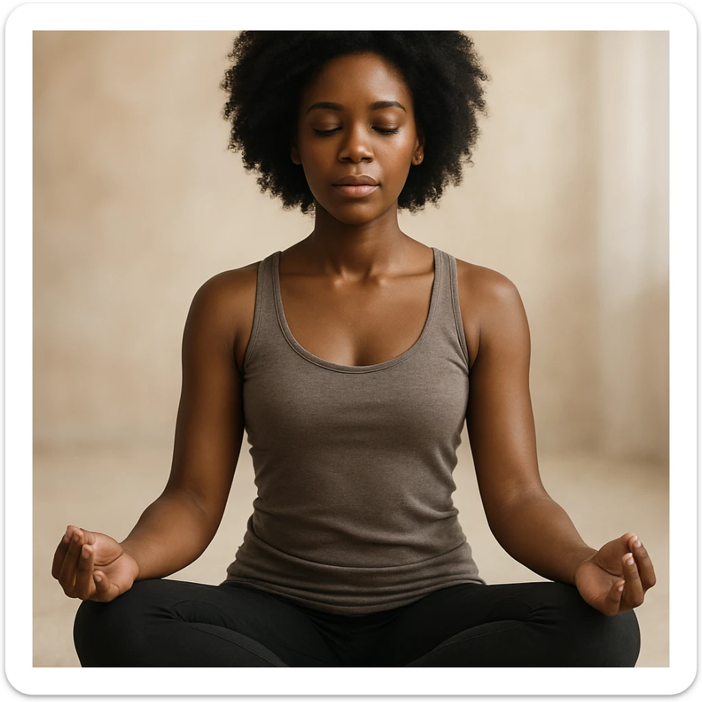 realistic style portrait of a black woman meditating, sitting in lotus position, with a soft background sticker