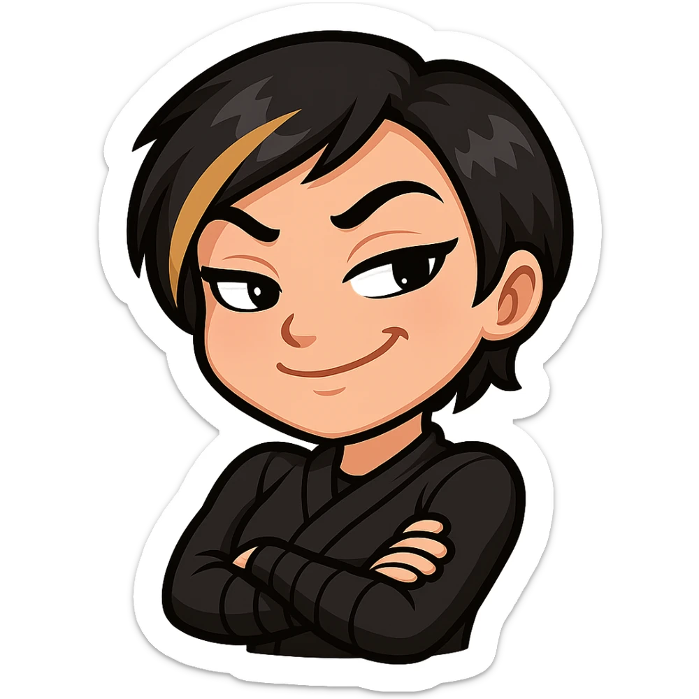 Sexy chibi ninja girl with black short hair and a blonde streak, only head and arms, colorful chibi style with bold outlines, transparent background, no mask, smug grin with a sideways glance and arms crossed, sized for Twitch emoji use. sticker