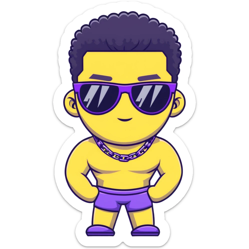 shirtless male athlete with white skin and moderately curly black hair on top with shaved sides, wearing purple sunglasses with black tinted lenses and a plain black chain necklace without pendant sticker