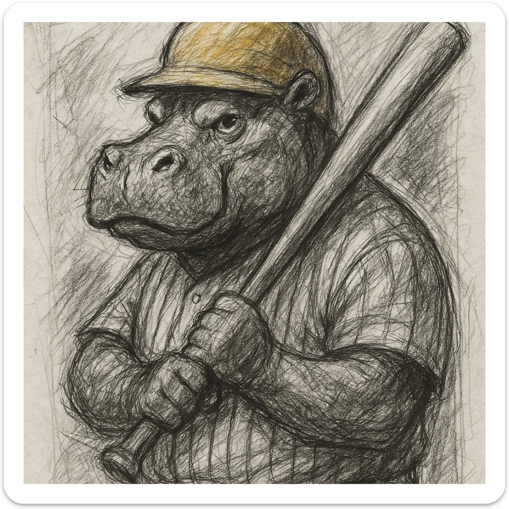 hippo holding a baseball bat, wearing a yellow helmet, pinstripes outfit sticker