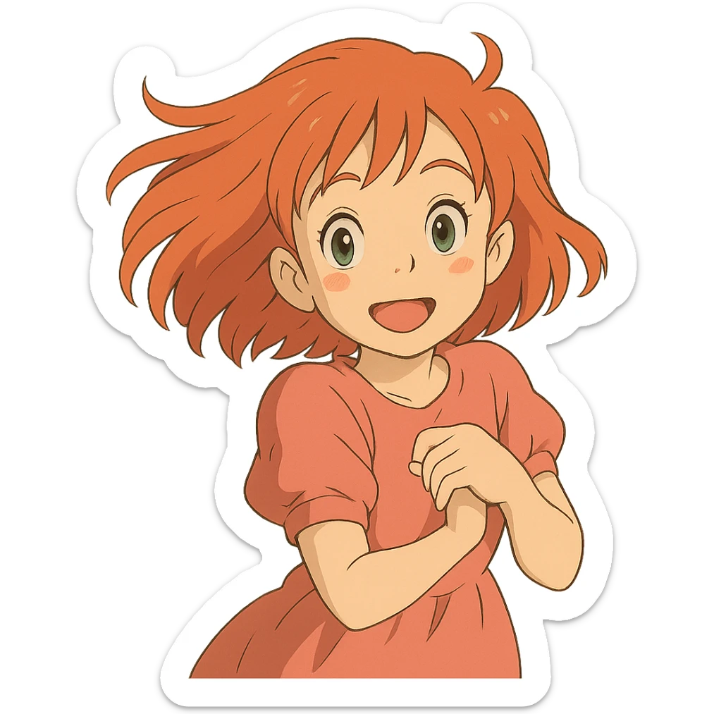 anime girl, vibrant hair, expressive eyes, cute pose, ghibli style sticker