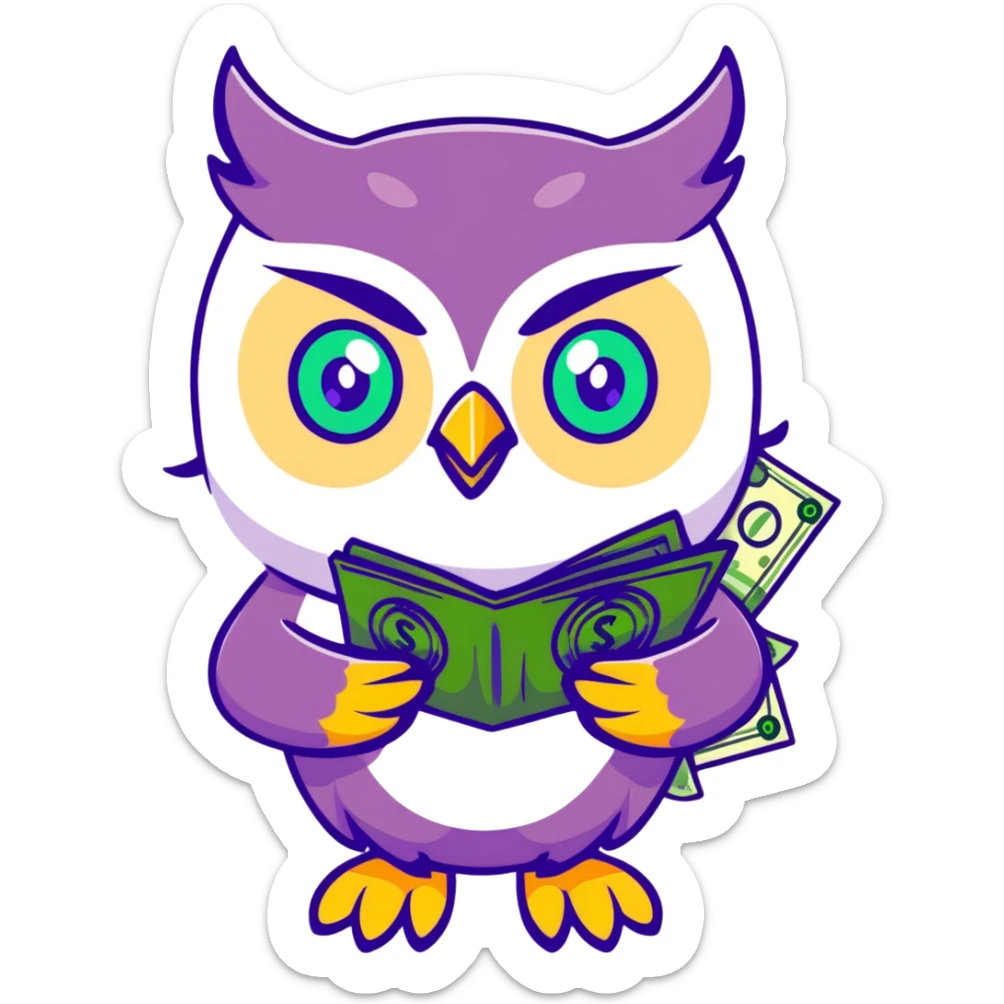 cute owl character symbolizing wealth luck, large green eyes, sparkling golden feathers, holding a money pouch in its feet, pastel tones, charming sticker style sticker