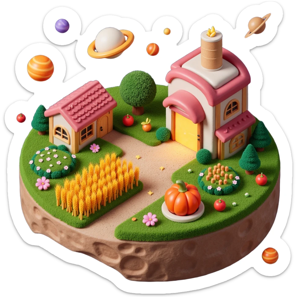 Exterior view of a galactic farm surrounded by stars and nebulae, surreal buildings shaped like cookie factories floating in space, wheat and vegetables growing from glowing soil, cosmic background with planets and stardust, emoji-style sticker