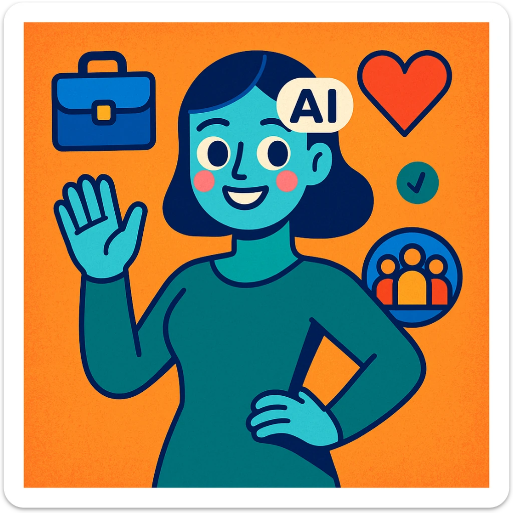 lächelnde humanoide KI-Frau mit HR-Symbolen wie Aktenmappe, Herz, Team, die Zuversicht und Unterstützung ausstrahlt, farbenfroher cartoonhafter Stil für KI Mutmacherin HR sticker