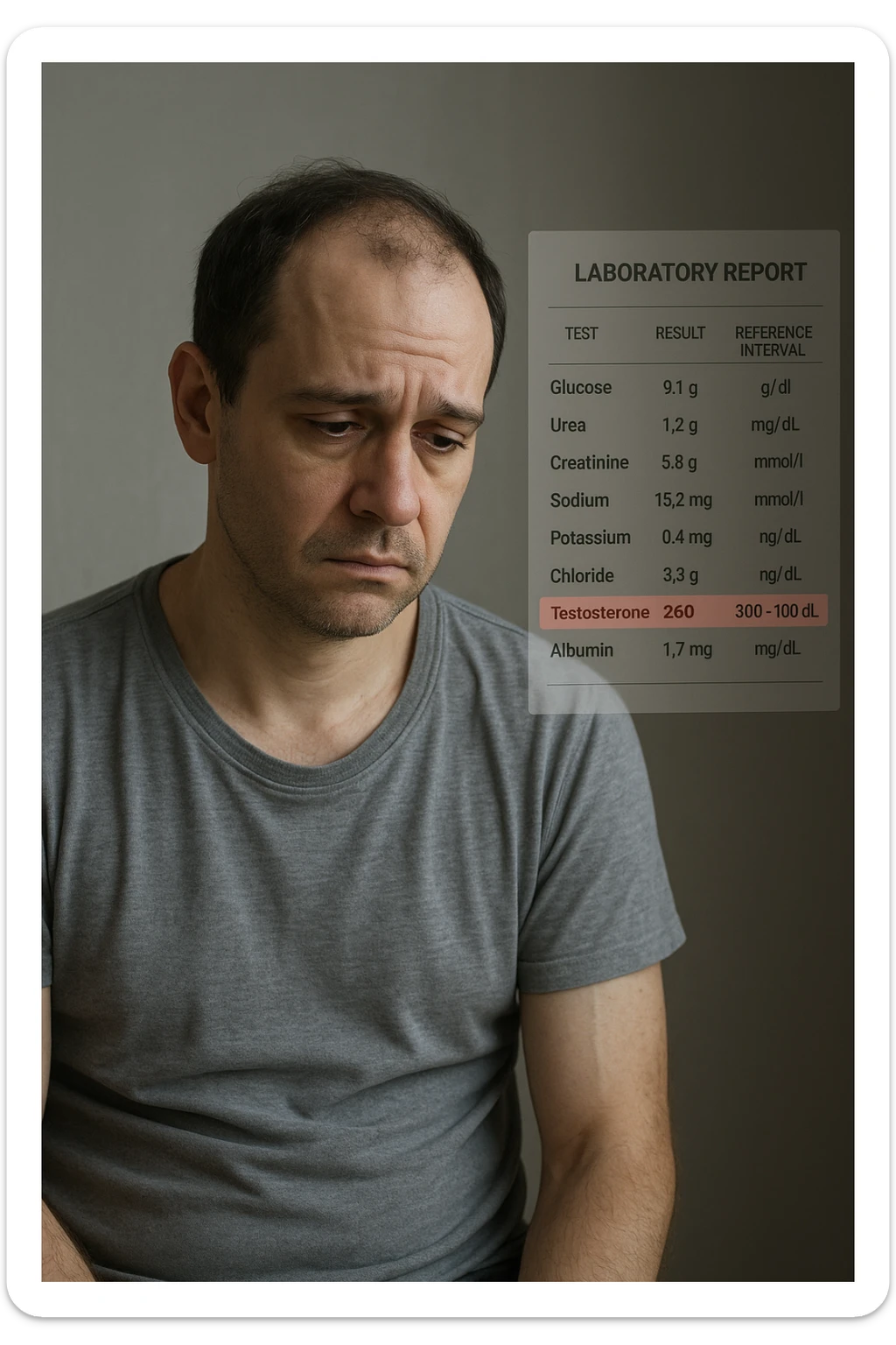 Un uomo caucasico di 35-45 anni, in CGI fotorealistico, che mostra i segni fisici ed emotivi di un basso livello di testosterone. aggiungere un referto medico semi-trasparente fluttuante accanto a lui, con valori di testosterone evidenziati in rosso. sticker