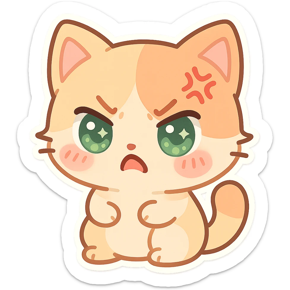 kawaii chibi-style cat emoji with pastel orange and brown cream fur, anime-style angry expression, sparkly green eyes, blushing cheeks, pastel color palette, soft rounded design, vector art sticker
