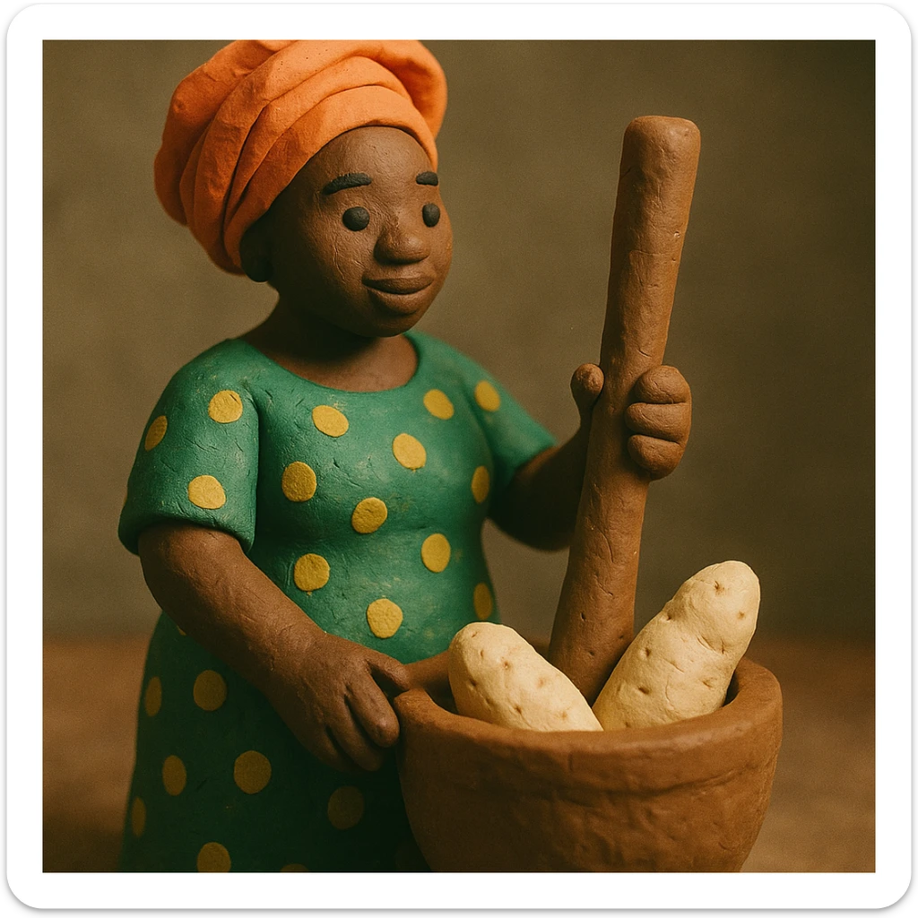 Nigerian woman in traditional dress holding pestle, standing beside mortar filled with yam, soft molded handmade feel, claymation style sticker