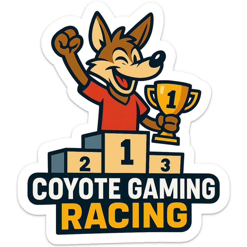Coyote Gaming Racing logo in vibrant toon style, with a coyote character on a podium sticker