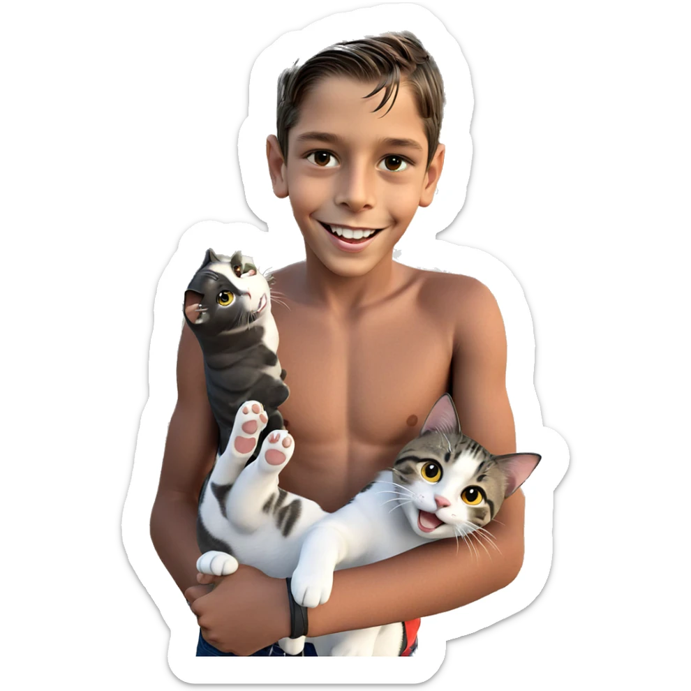 boy smiling with cat outdoors sticker