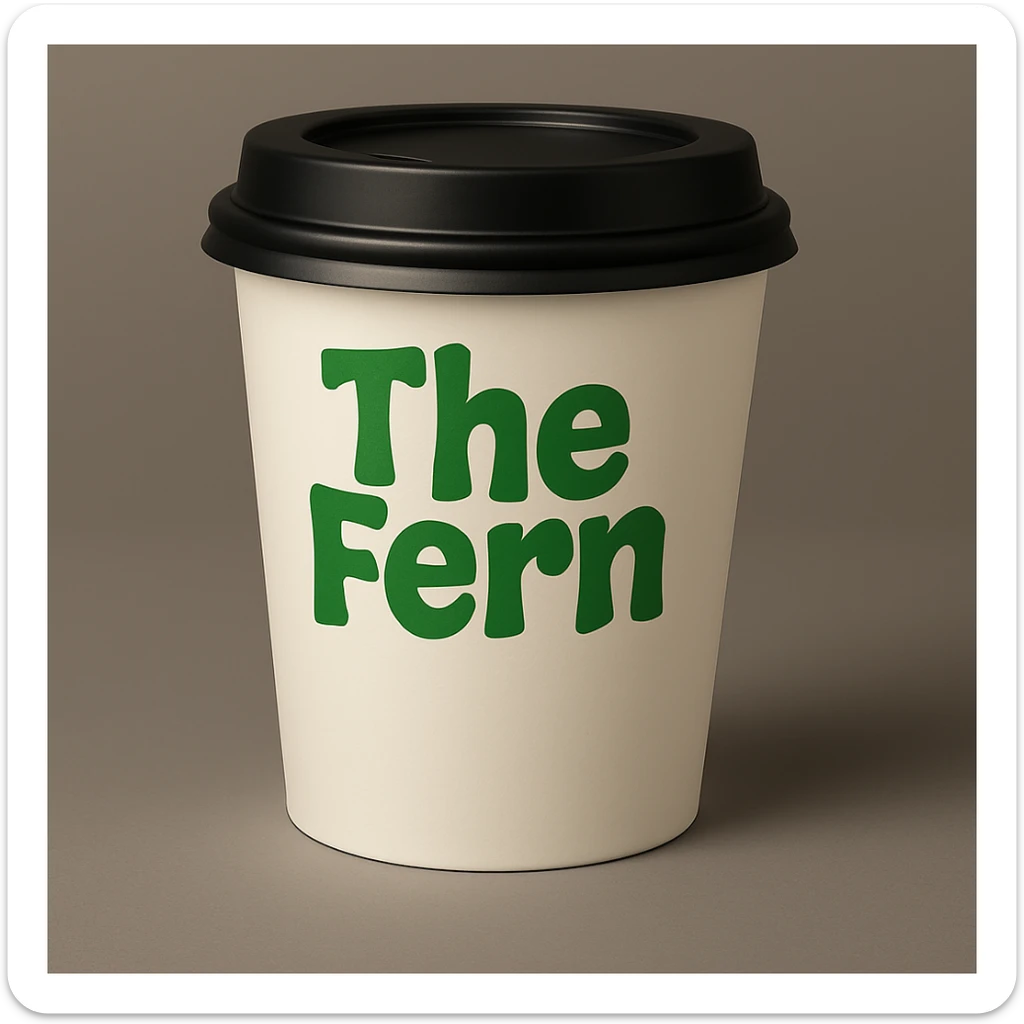 Change the letters that say 'The Fern' to green, keep the bold, playful letters and simple, eye-catching style on the to-go cup. Maintain the bold and playful letter style with a simple and eye-catching design for the text. sticker