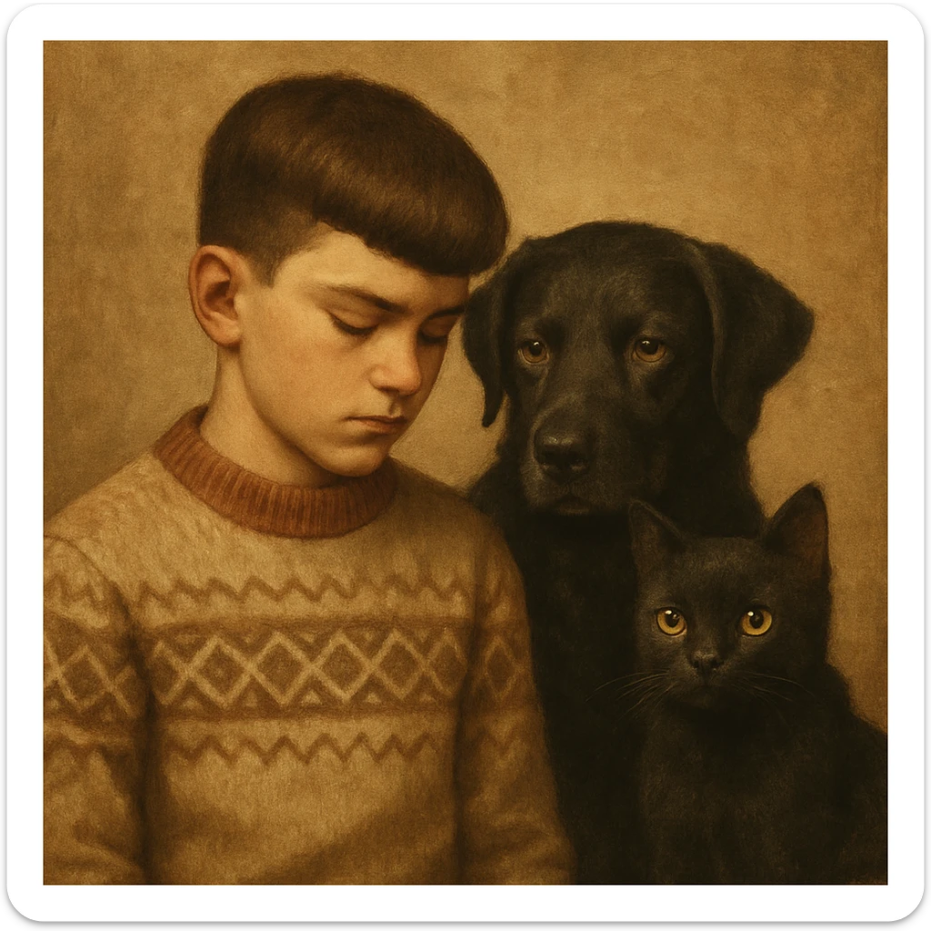 A kid with a chiseled jawline, brown eyes, and flat brown hair facing down, wearing a vintage sweater, with a black dog and a black cat beside them. sticker