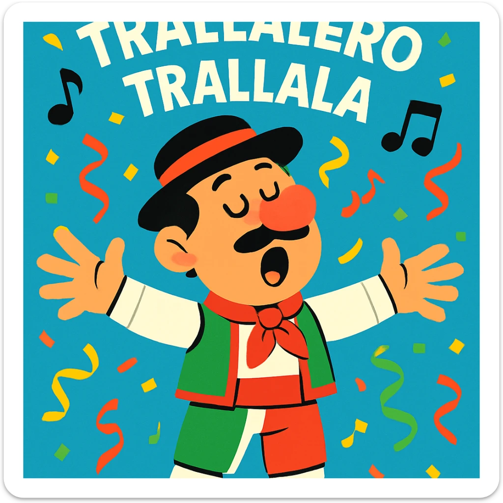 cartoon character in traditional Italian attire with arms wide singing 'trallalero trallala' with festive background, lively style sticker
