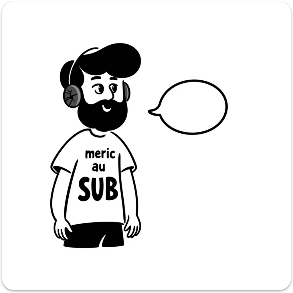 A person with black hair, brown eyes, and a black beard wearing a gaming headset saying "merci au SUB" sticker