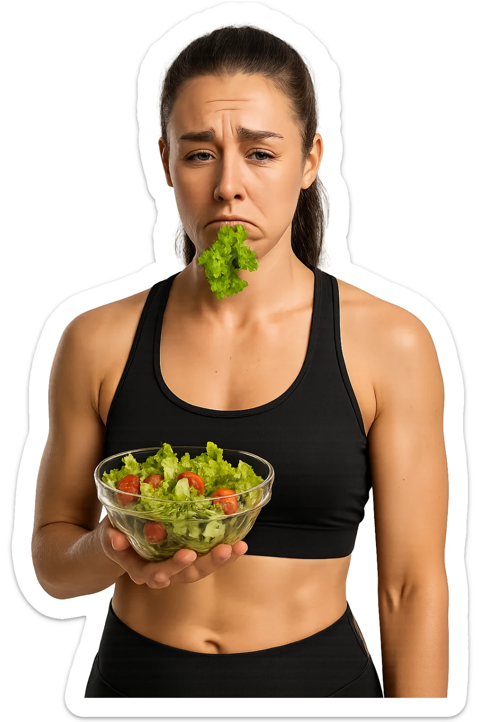 DONNA FITNESS CON INSALATA IN MANO MENTRE TIENE UNA FOGLIA DI INSALATA IN BOCCA CON ESPRESSIONE TRISTE, iperrealistico 4k, ISOLATA SU SFONDO BIANCO sticker