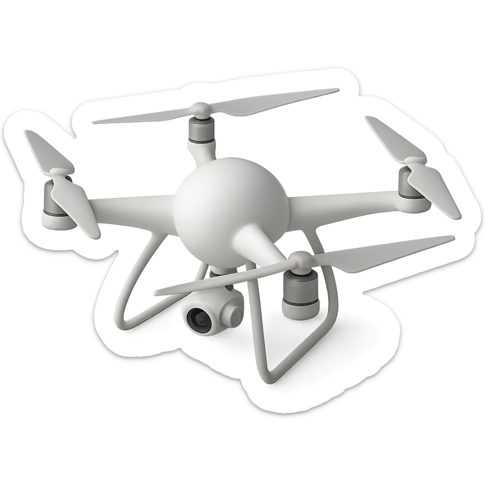 modern white drone with all parts radiating from a central ball, no logo sticker