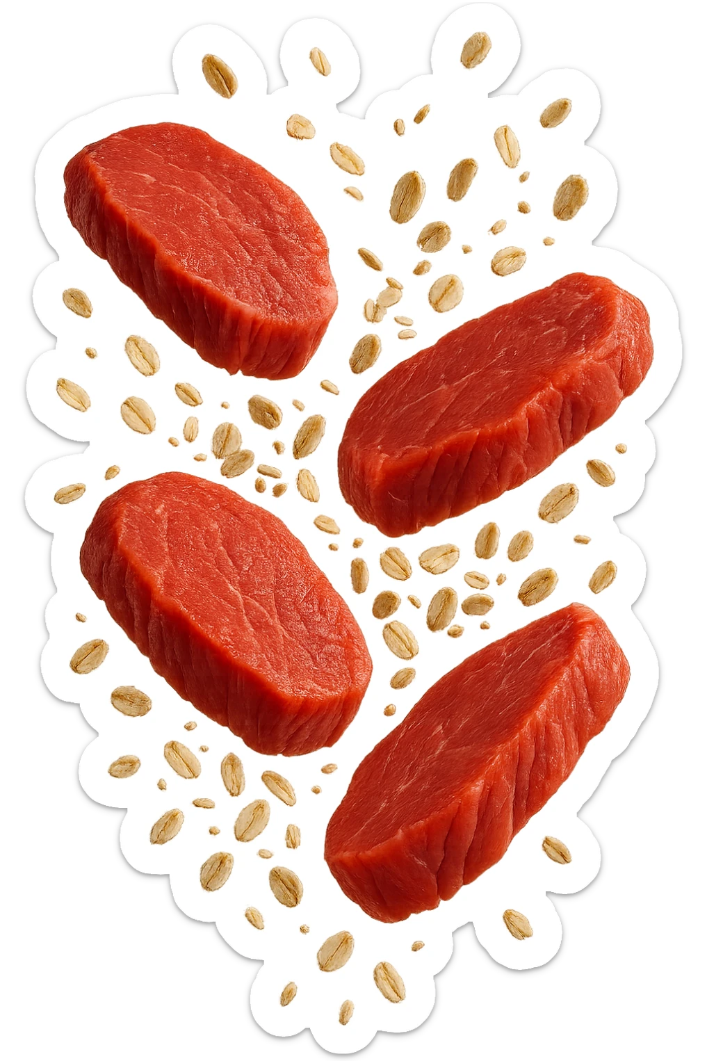 FETTINE DI CARNE FLUTTUANO IN ARIA INSIEME A FIOCCHI DI AVENA, IPERREALISTICO 4K sticker