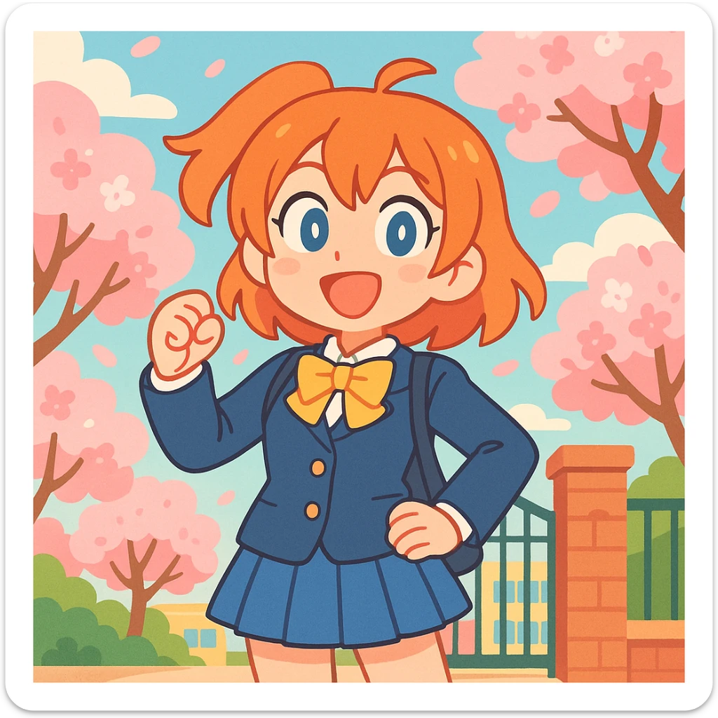 cheerful anime schoolgirl with orange hair, blue eyes, school uniform, spring cherry blossoms, confident pose, lively school gate background, Love Live! style sticker