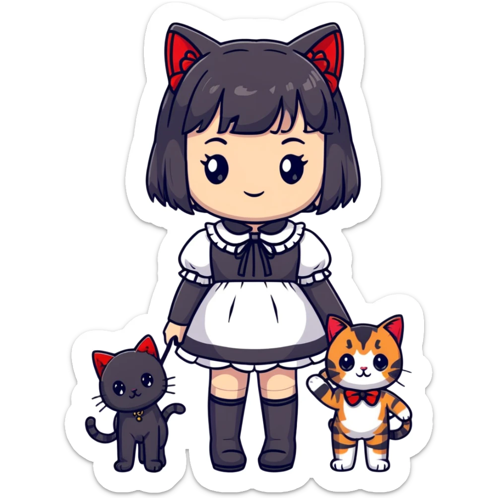 girl wearing black Lolita style dress, with medium-length black hair with red tips, and a black American Shorthair tabby cat sticker
