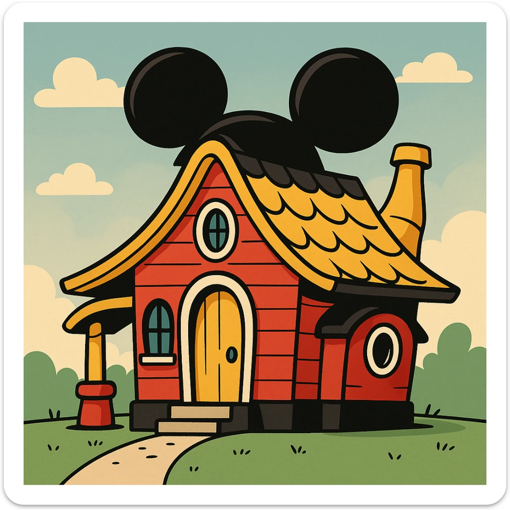 Cartoon house with Mickey Mouse ears and colors, playful and colorful, whimsical design, Mickey Mouse inspired house sticker