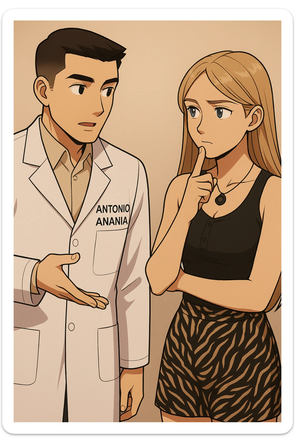 fai un webtoon/manga a colori con questo kinesiologo in camice bianco (fagli la scritta "ANTONIO ANANIA" SUL CAMICE) CHE PARLA CON QUESTA RAGAZZA CON GLI OCCHI AZZURRI. la ragazza HA UN DITO SUL MENTO MENTRE PENSIEROSA gli fa una domanda e IL KINESIOLOGO CON IL CAMICE BIANCO LE risponde. NON FARE I FUMETTI, FAI SOLO LORO COME SE DIALOGASSERO sticker
