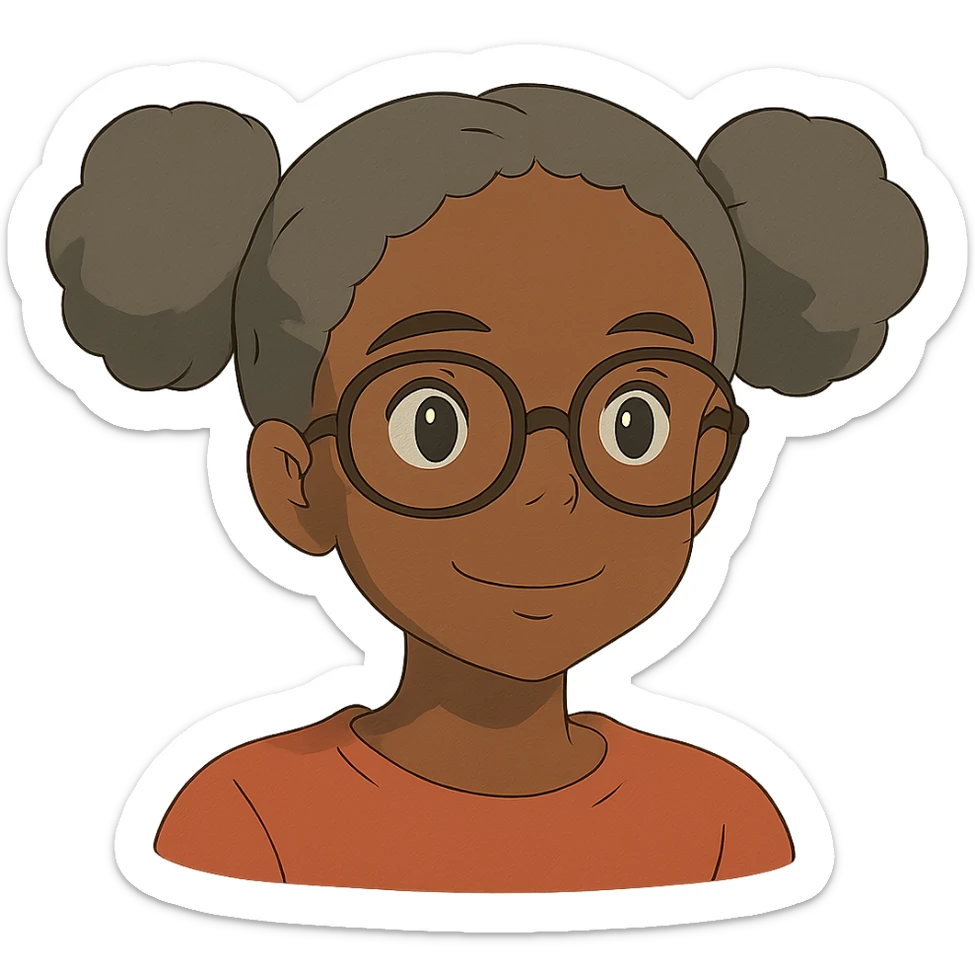 african american girl head with oversize glasses and gray hair in bunches, ghibli style sticker