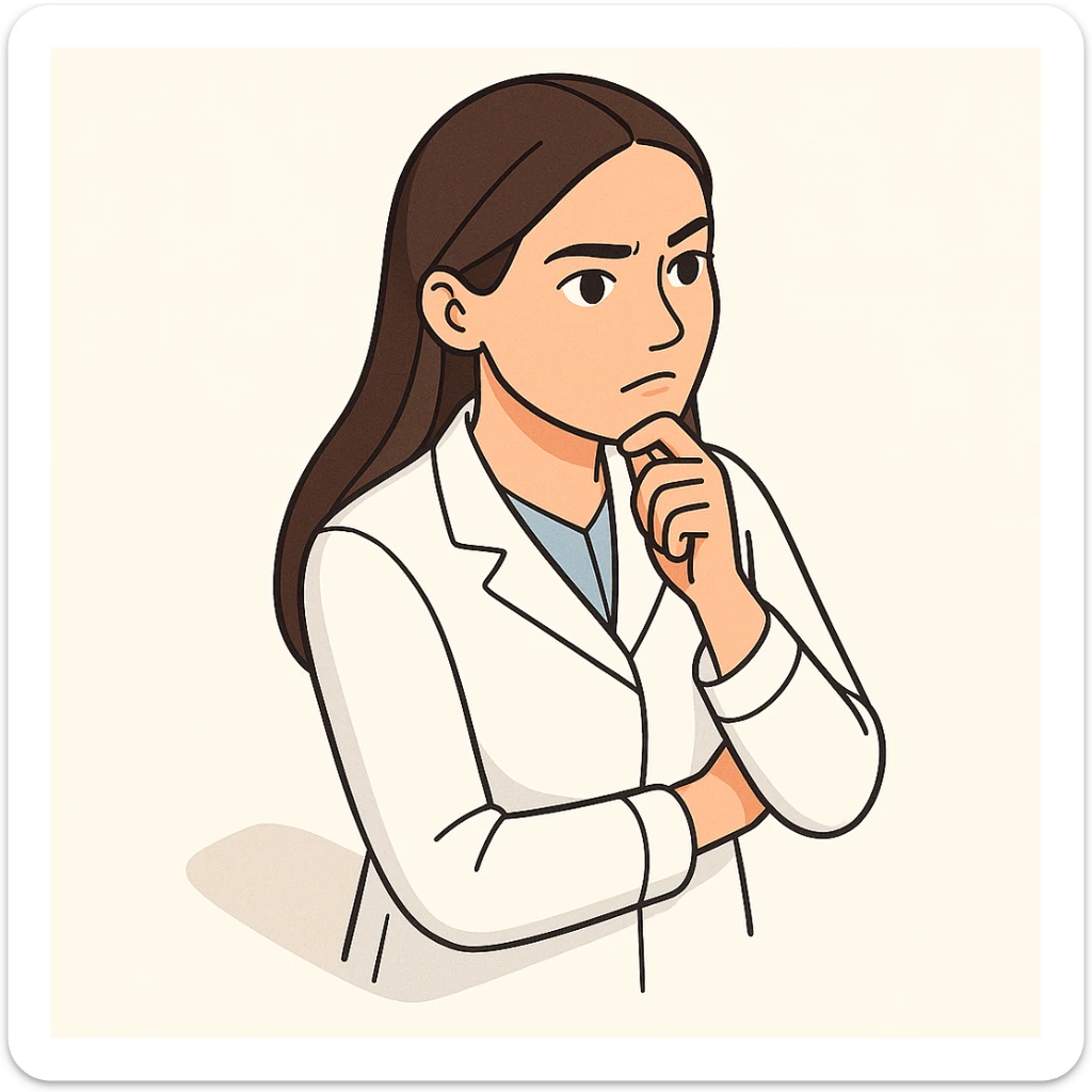 A girl doctor with dark long straight hair, detailed brown eyes (not just dots), wearing a white medical coat, in 2D isometric style with a minimalist background, thoughtful finger on chin, with a serious facial expression. sticker