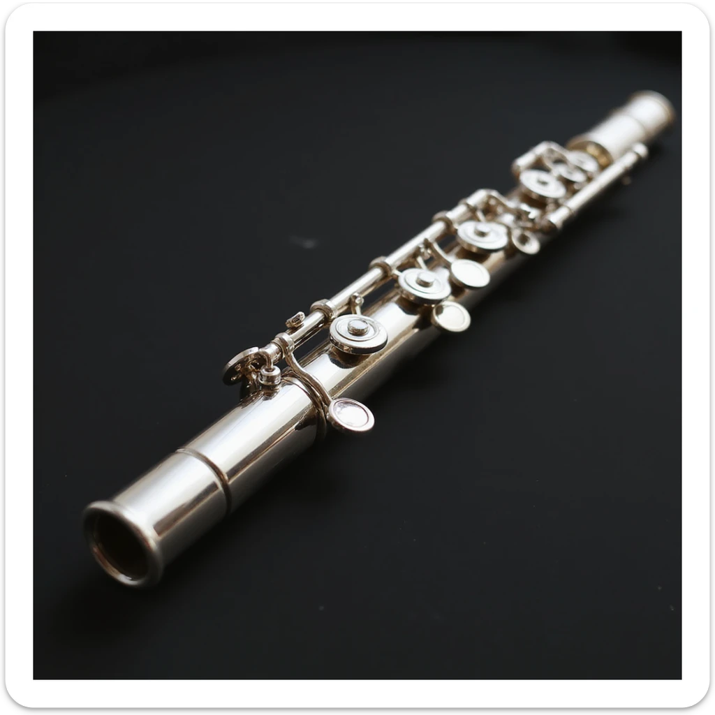 realistic depiction of band flute with metallic body and buttons, mouthpiece visible, no person, instrument only, plain background sticker