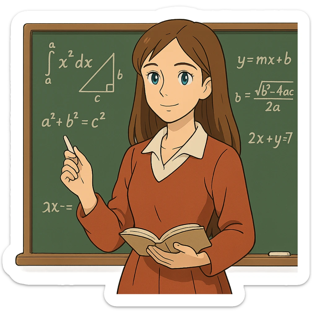 ghibli style female math teacher, brown straight hair, blue eyes, Caucasian, no glasses, at chalkboard sticker