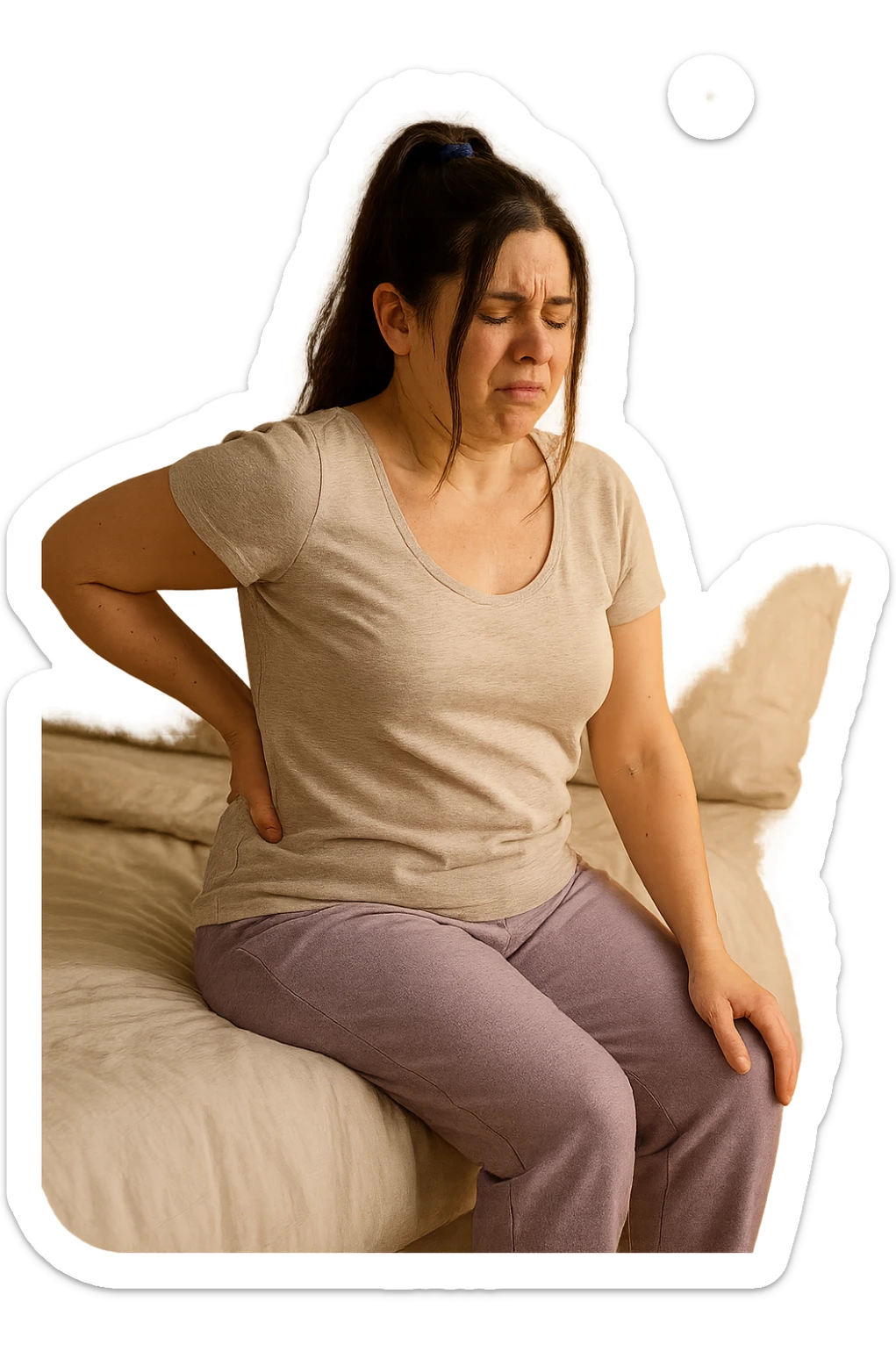 a woman in her 30s sits on the edge of her bed in the morning, holding her lower back with a pained expression. Subtle visual cues, like uneven shoulders or hips, hint at postural asymmetry. The room is softly lit, and a calendar on the wall shows months crossed off, symbolizing chronic pain over the years. sticker