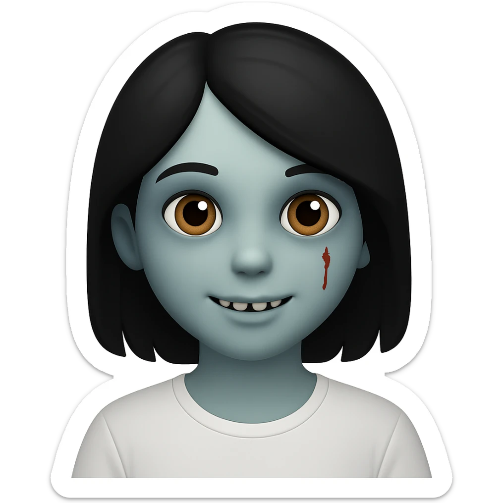 Create an image of a zombie girl with black hair wearing a white t-shirt, minimal blood, in the style of Apple emojis, with no background, with a different facial expression. sticker