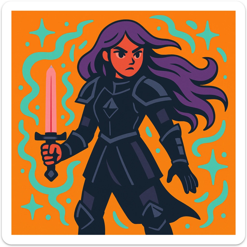 A mysterious warrior girl with flowing purple hair, dressed in black armor, with a magical aura, vibrant toon style. sticker