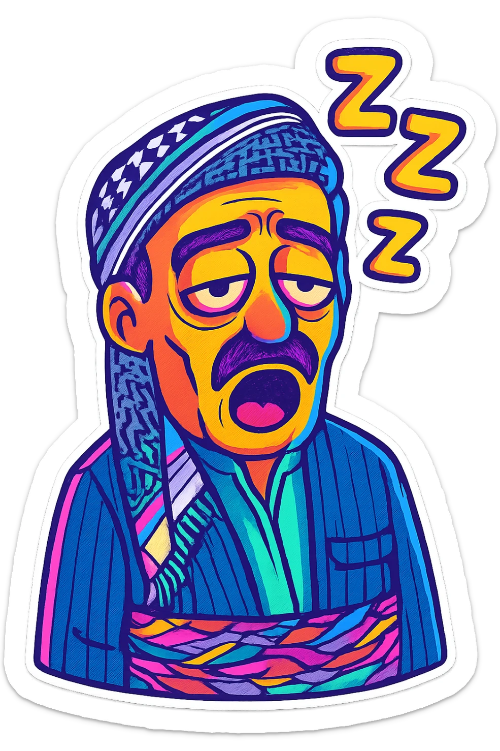 Create a cartoon sticker with a sleepy expression in the style of Flux Kontext Pro, with a transparent background. The style is vibrant and pop colors icons with a cartoonish, colorful, and lively look. sticker