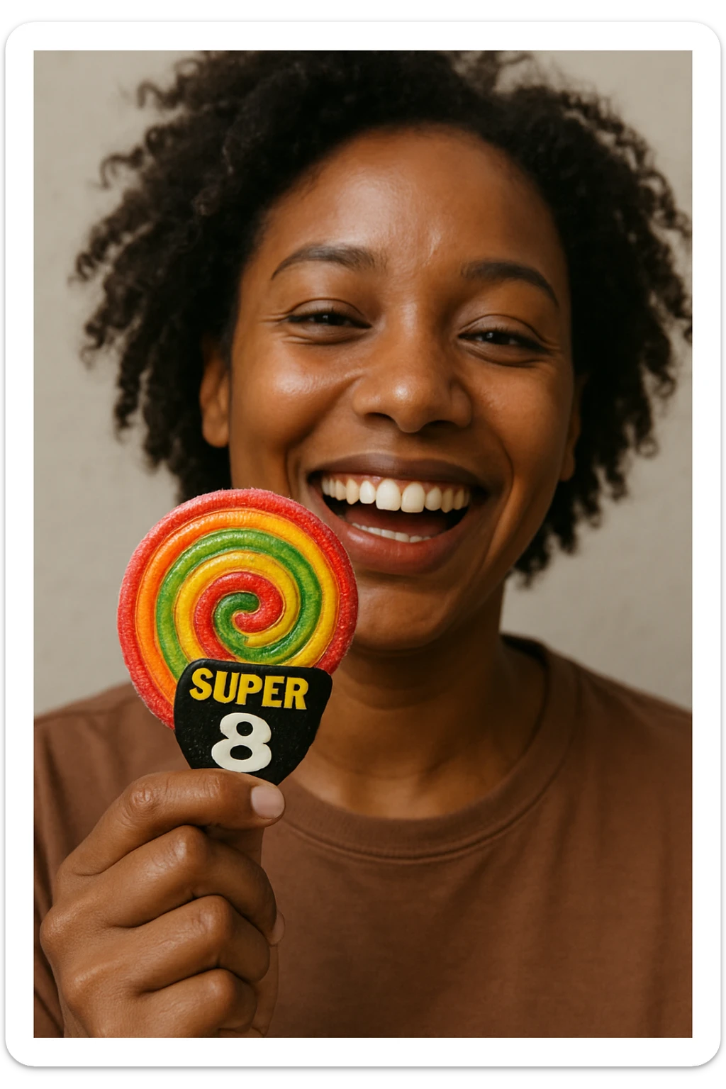realistic illustration of a person of color holding a colorful spiral rolled candy Super 8, neutral background, joyful expression, clear details on the candy sticker